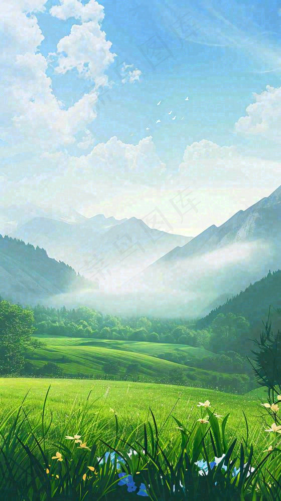春天郊外露营旅行山脉蓝天白云草坪草地花丛，清新自然，惊蛰春分(816x1456)