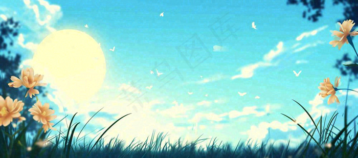春天清新草地小花蓝天白云，鲜花向阳手绘插画(1632x720)