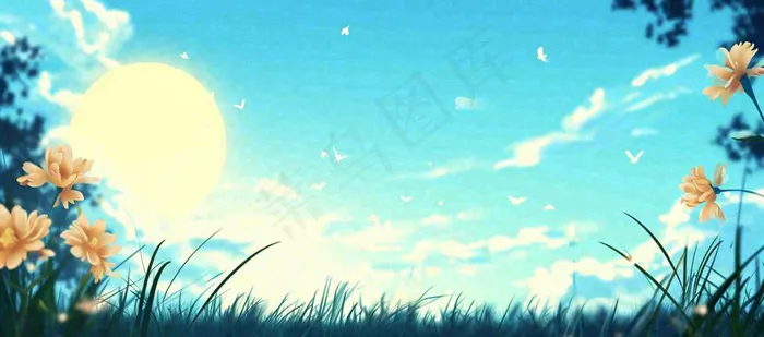 春天清新草地小花蓝天白云，鲜花向阳手绘插画(1632x720)