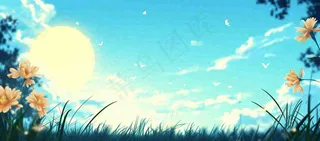 春天清新草地小花蓝天白云，鲜花向阳手绘插画