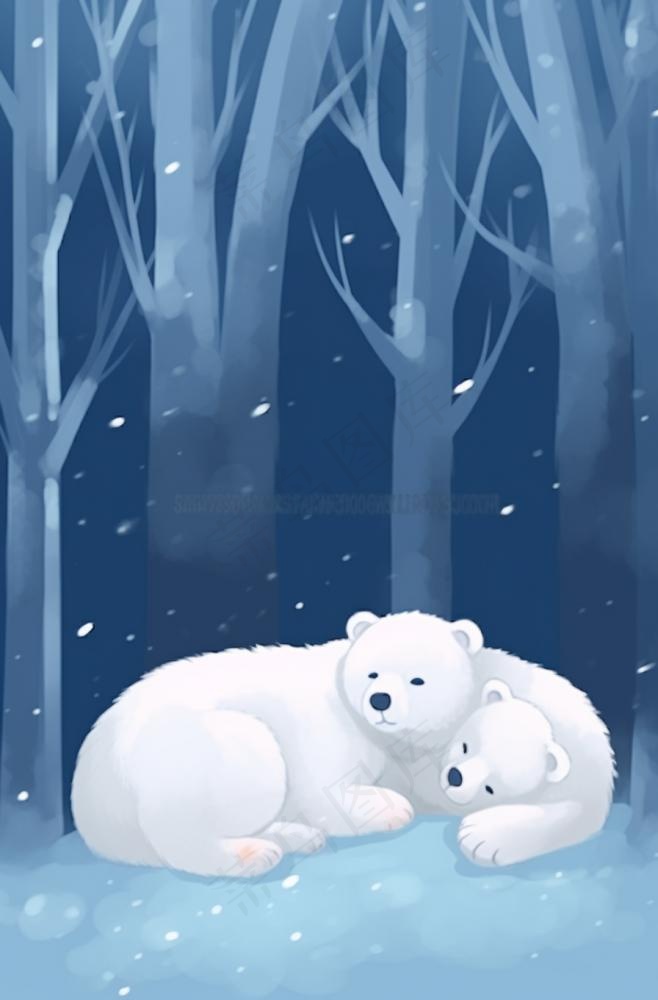 冬天白熊躺着雪地里森林卡通插画背景(896x1360)