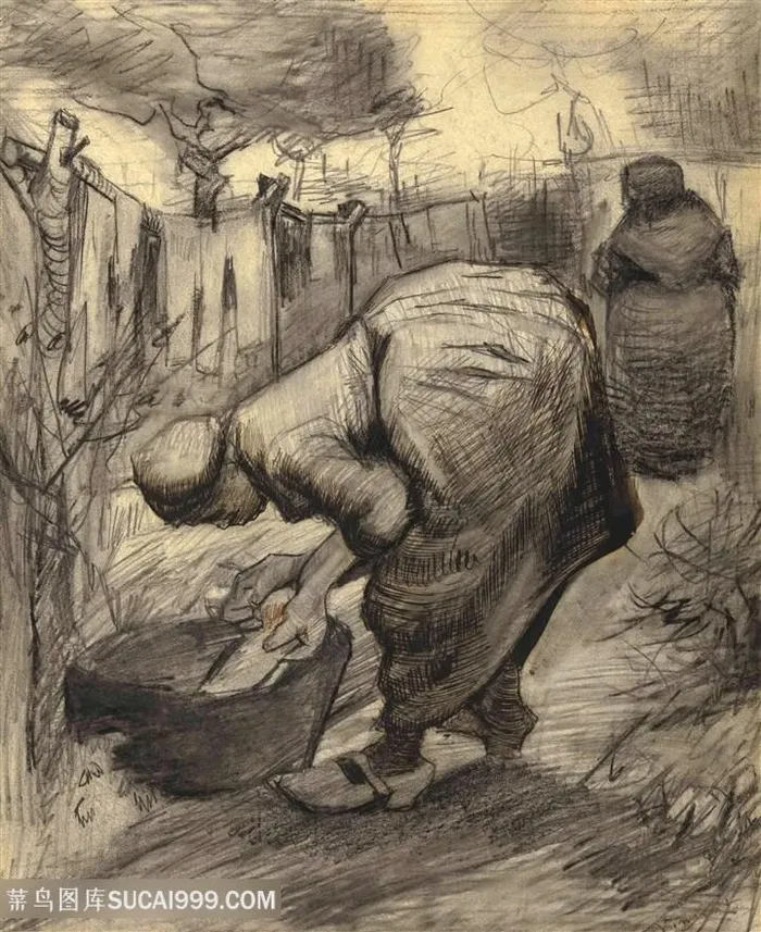 花园里浴缸边的女人素描装饰画