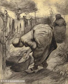 花园里浴缸边的女人素描装饰画