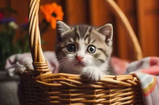 一只可爱的猫咪在编织篮里玩耍摄影图