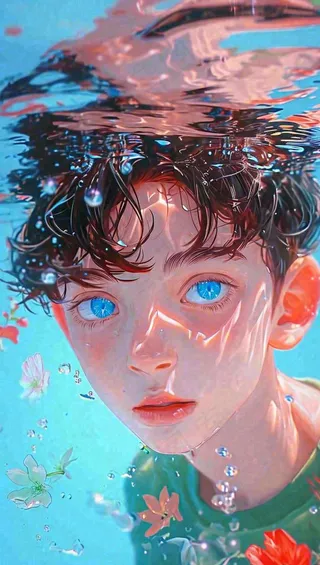 夏天少年男孩海底游泳水面，夏至小暑儿童节