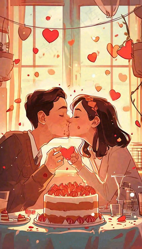 情人节情侣浪漫圣诞节日温馨生日会，插画手绘，居家餐厅美食(832x1456)