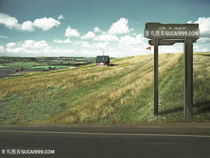 绿草地道路风景画
