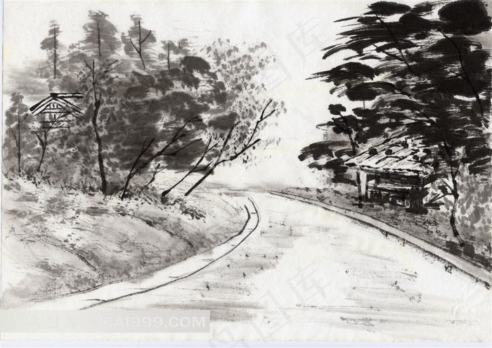 乡间道路两旁的树木水墨画