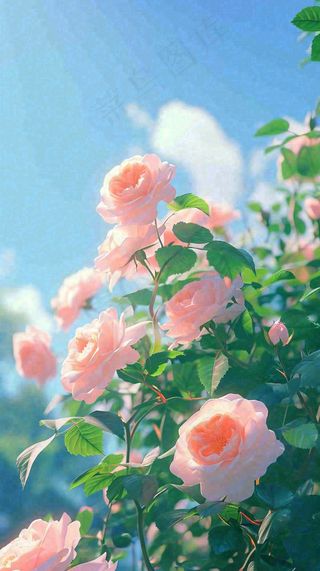 春天蓝天白云阳光下的粉色玫瑰花朵，谷雨立夏