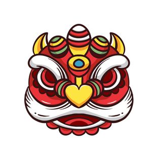 新年春节虎年元宵手绘人物舞狮卡通狮子头插画元素PSD设计素材