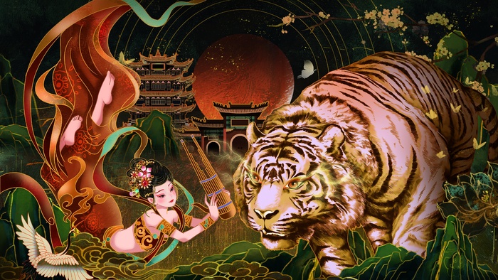 虎年中国风萌虎插画psd模版下载