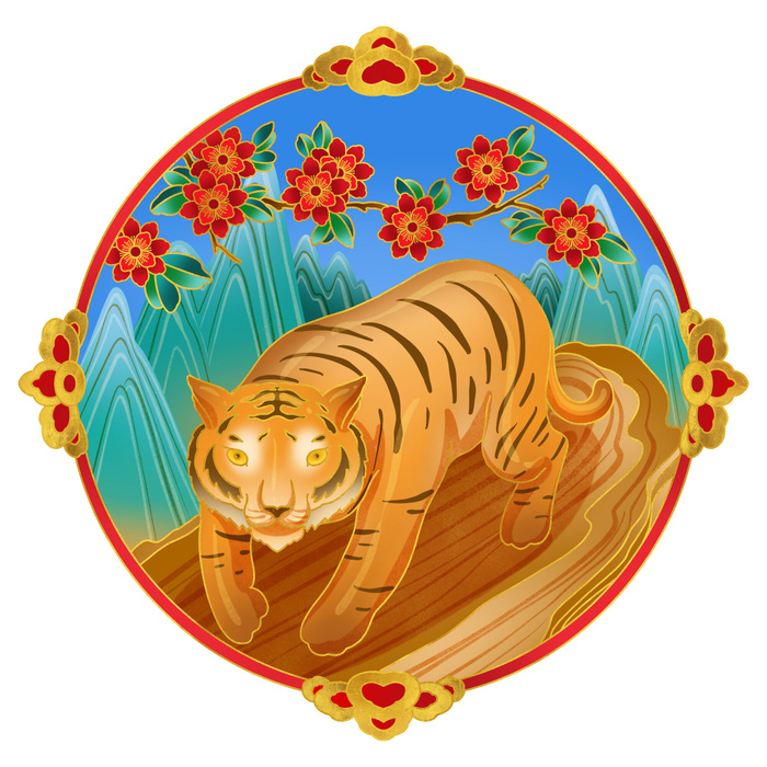 中国风国潮十二生肖虎手绘烫金插画春节剪纸元素PSD设计素材psd模版下载