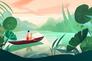 湖上划船绿色植物湖水水墨画背景