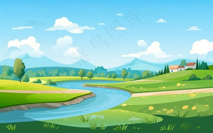 乡村村庄美丽风景河流插画农田插画背景(1376x864)