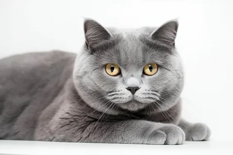 一只可爱的蓝猫趴着白色背景摄影图  一只可爱的蓝猫趴着白色背景摄影图