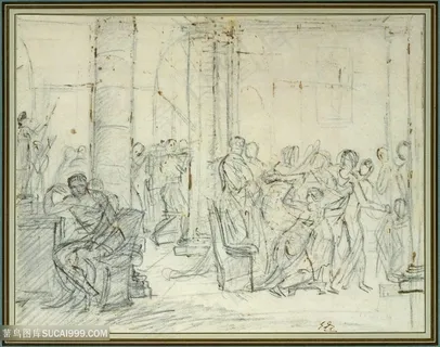 大卫手绘罗马柱人群装饰画 大卫手绘罗马柱人群装饰画