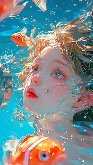 海底世界金鱼鱼类和小女孩人物游泳