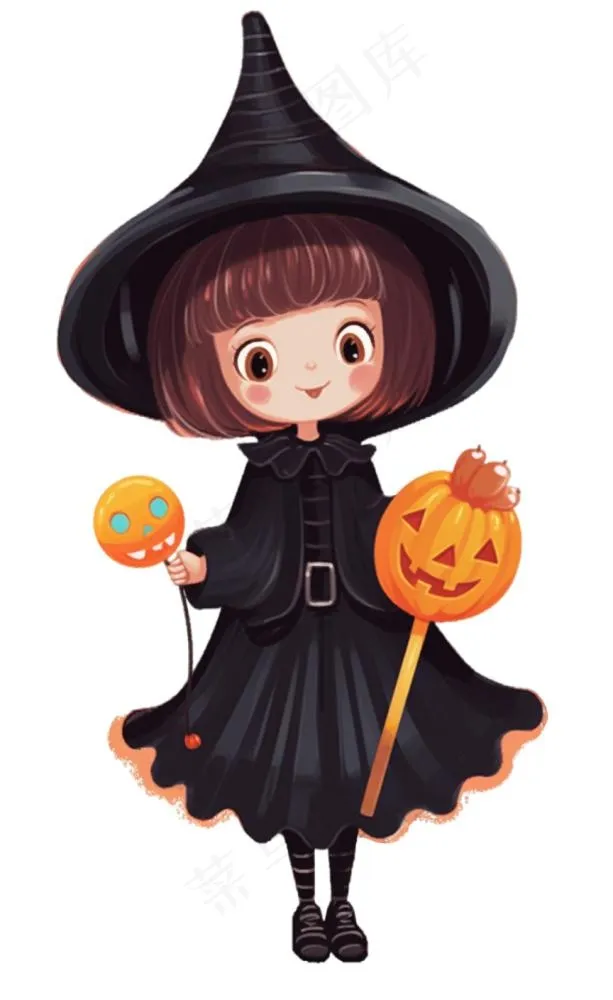 黑色女巫手拿南瓜灯万圣节卡通插画免抠(864x1408)