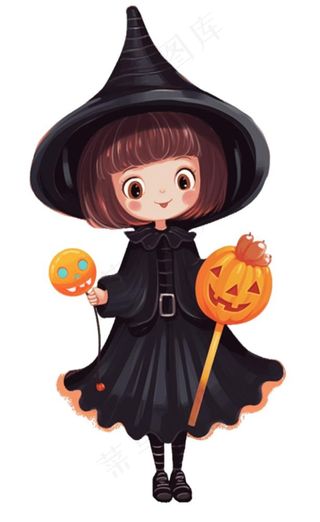 黑色女巫手拿南瓜灯万圣节卡通插画免抠