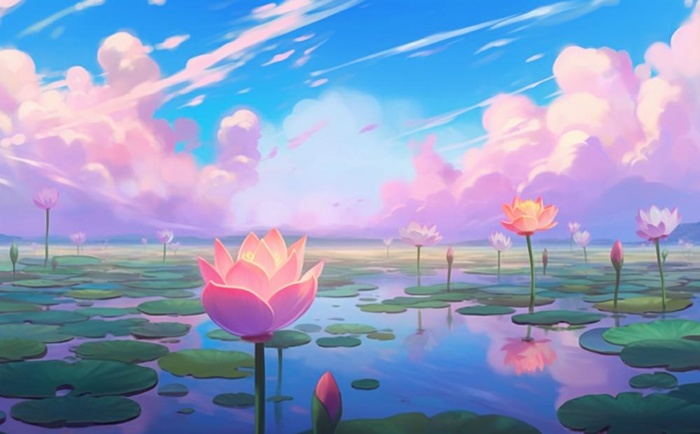 夏日荷花池塘天空插画背景(1392x864)