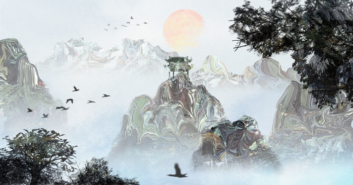 山川云雾日出风光绘画PSD素材