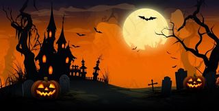 万圣节恐怖城堡坟墓橙色卡通插画背景