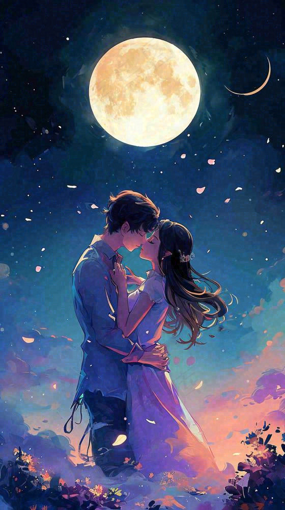 月光下情侣拥抱亲吻爱情情人节，浪漫温馨夜晚月亮(816x1456)