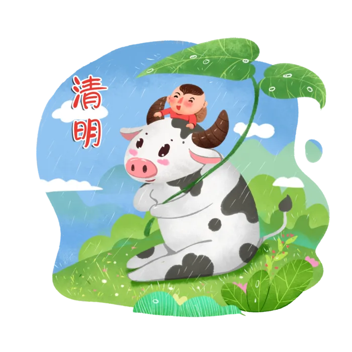 清明清明节卡通牧童和牛创意插画