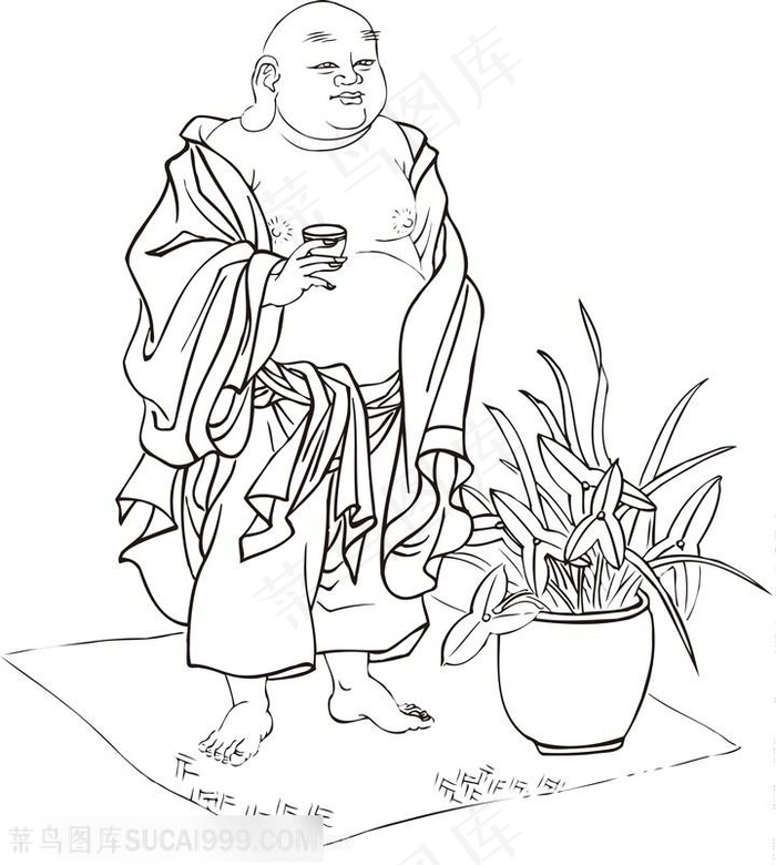 站着喝茶的僧人罗汉线描矢量PNG绘画图片