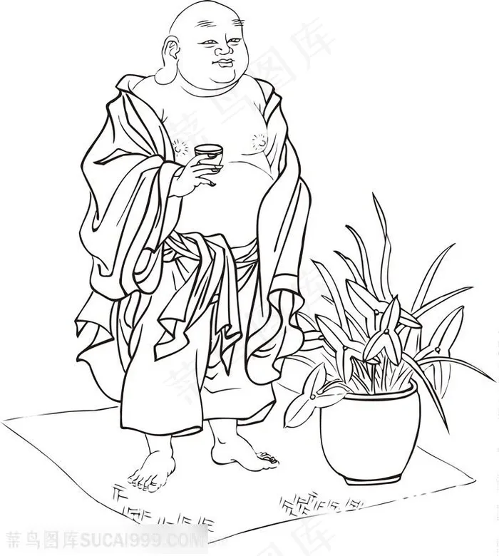 站着喝茶的僧人罗汉线描矢量PNG绘画图片