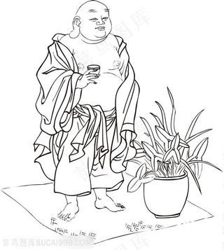 站着喝茶的僧人罗汉线描矢量PNG绘画图片