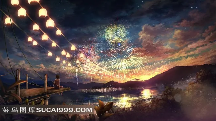 梦幻海边烟火喜庆节日素材