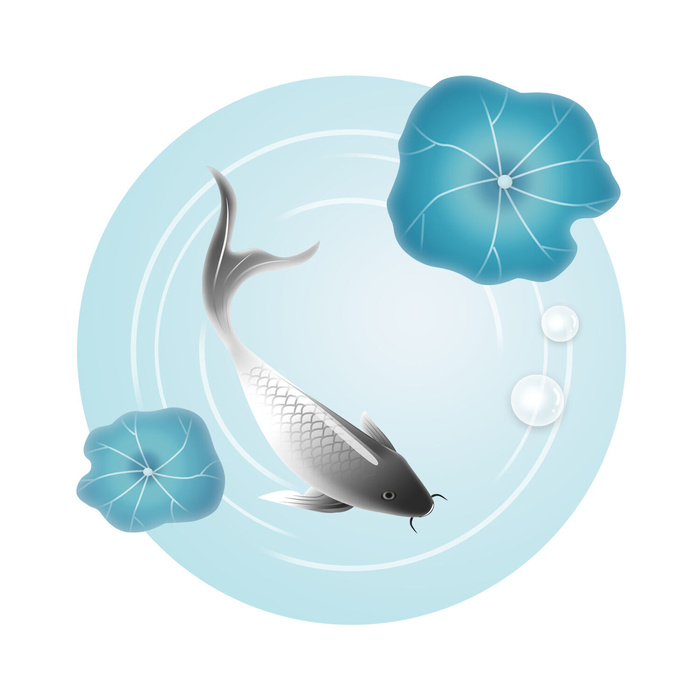 手绘国潮古风喜庆铜钱锦鲤鱼金鱼荷花插画场景装饰PSD设计素