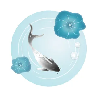 手绘国潮古风喜庆铜钱锦鲤鱼金鱼荷花插画场景装饰PSD设计素