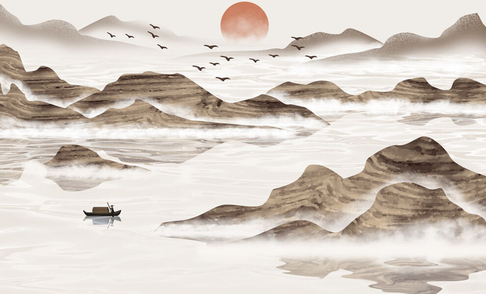 日出山峰美景绘画PSD素材psd模版下载