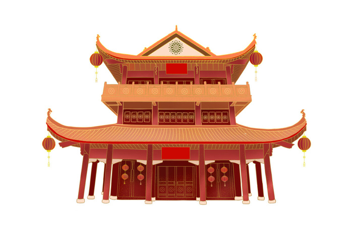 复古中国风国潮古建筑插画手绘高楼古塔PSD素材亭子png免抠图