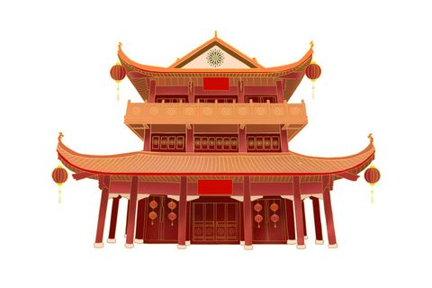 复古中国风国潮古建筑插画手绘高楼古塔PSD素材亭子png免抠图