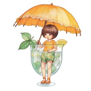 遮阳伞下坐着饮料里的人孩子免抠