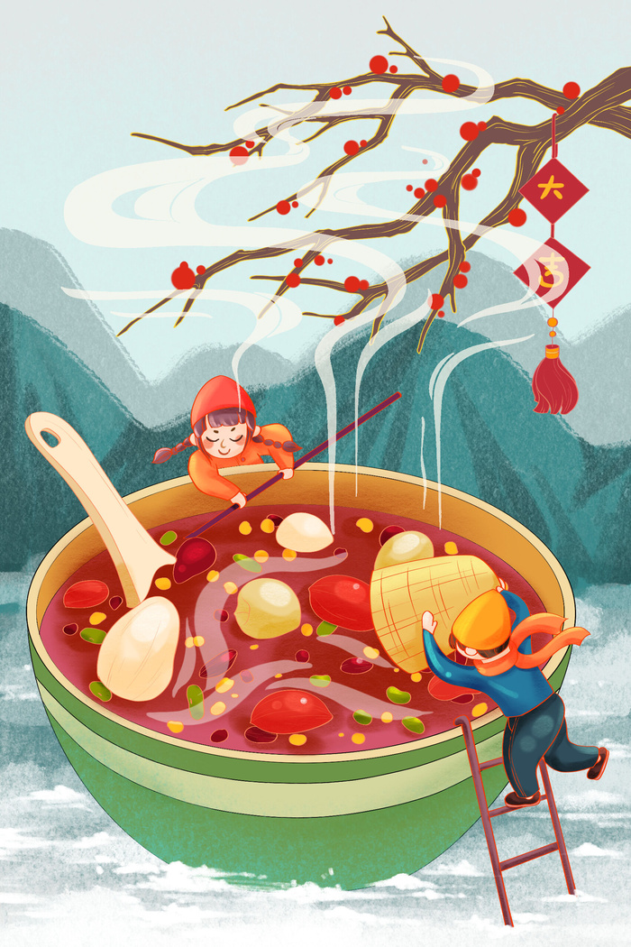 中国传统节日手绘卡通腊八节腊八粥插画海报PSD格式设计素材