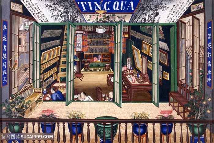 古代画室集市贸易场景绘画图片