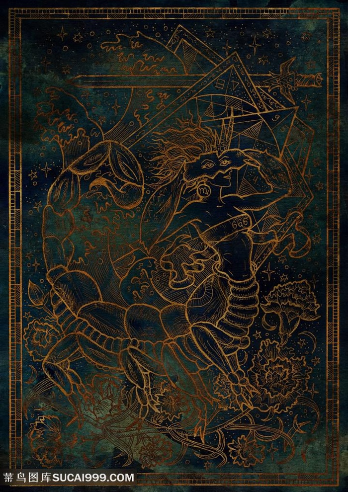 复古金属插画巨蟹座十二星座底纹背景图片