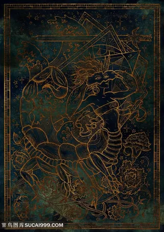 复古金属插画巨蟹座十二星座底纹背景图片