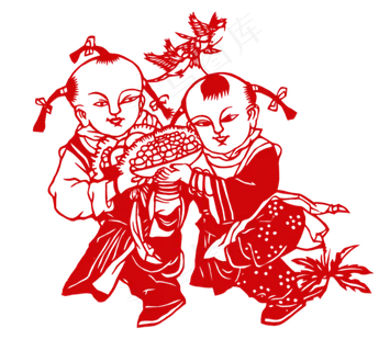 过年红色剪纸卡通人物小孩春节