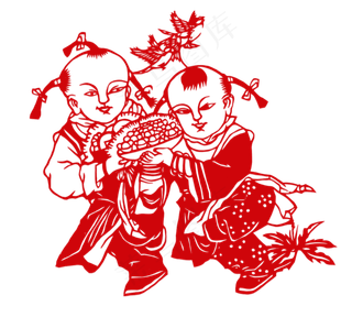 过年红色剪纸卡通人物小孩春节