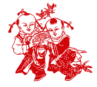 过年红色剪纸卡通人物小孩春节