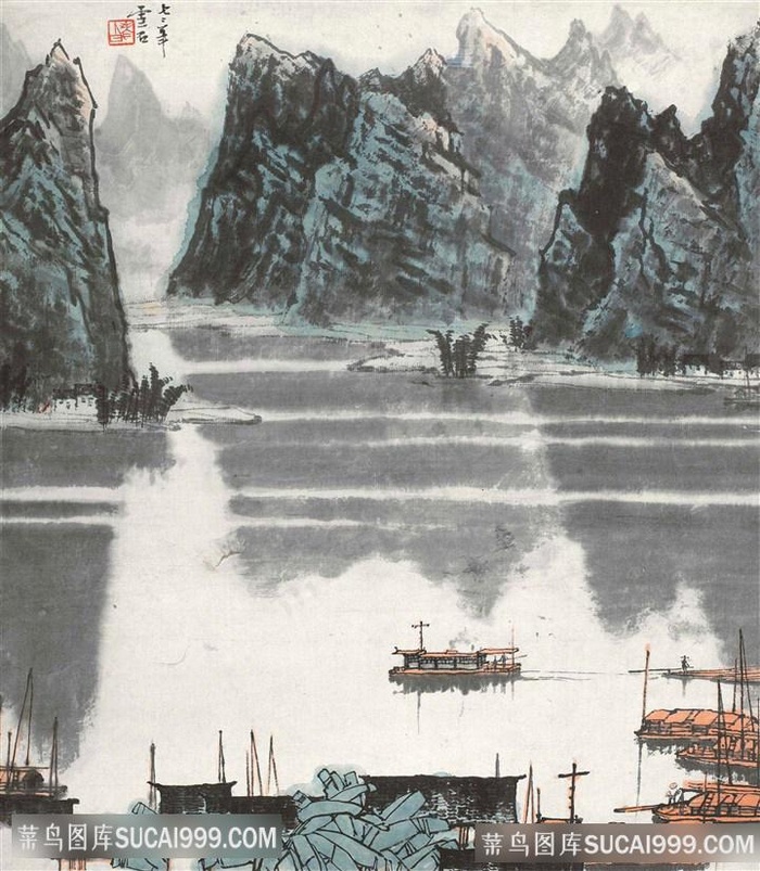 白雪石湖畔木舟水墨山脉风景画