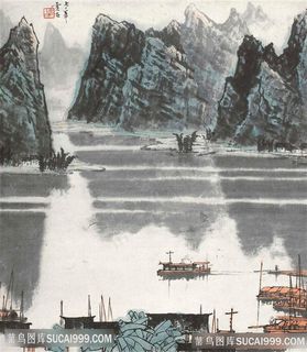 白雪石湖畔木舟水墨山脉风景画 白雪石湖畔木舟水墨山脉风景画