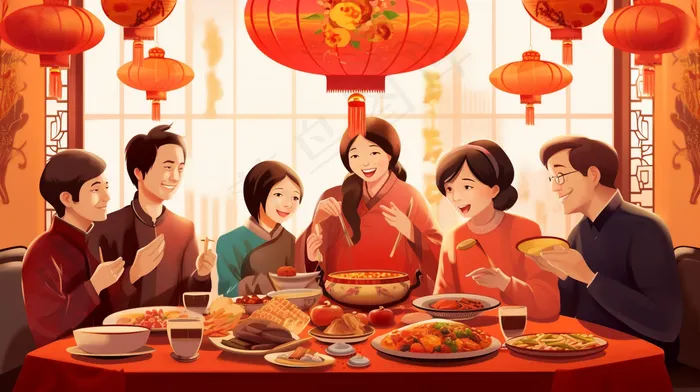 团圆饭年夜饭一家人过节卡通插画素材(x)