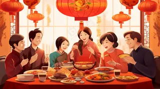 团圆饭年夜饭一家人过节卡通插画素材