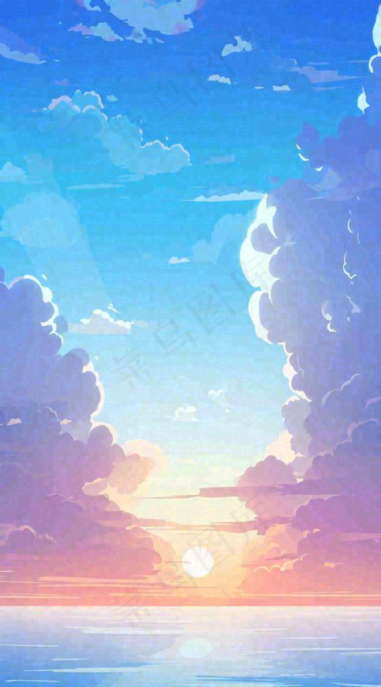 蓝紫色天空白云清新浪漫落日海上倒影(816x1472)